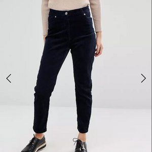 MONKI Dark Blue High waist ankle length corduroy trousers in size 34